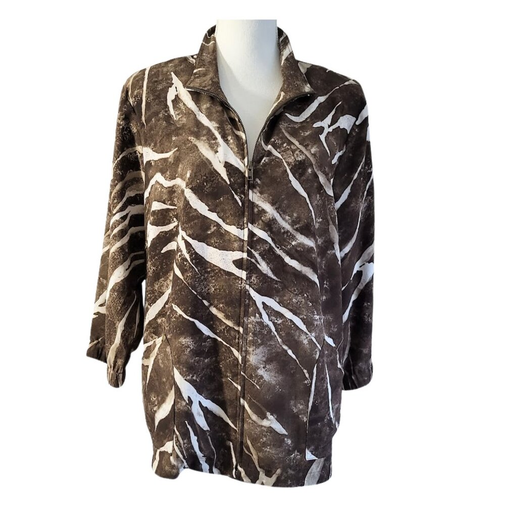 ADDITIOINS By Chico's Brown & Beige Zip Front Top With Pockets Women's 2 (L-12)